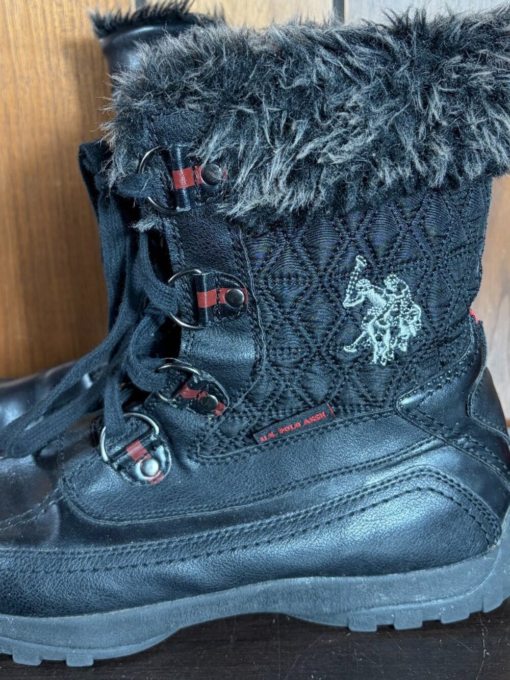 U.S. Polo Assn. Arctic Snow Boots Womens Sz 8.5 Black Quilted Faux Fur Trim